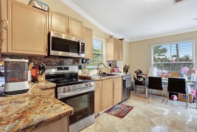 kitchen featuring tasteful backsplash, appliances with stainless steel finishes, and plenty of natural light