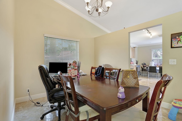 dining space featuring a notable chandelier and crown molding