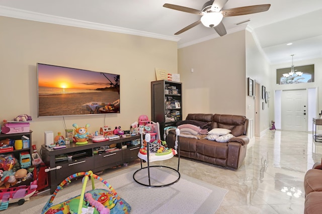 living room featuring crown molding and ceiling fan with notable chandelier