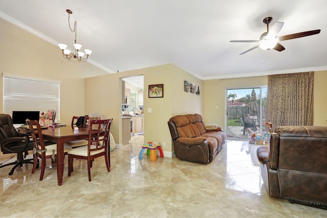 dining room with crown molding and ceiling fan with notable chandelier