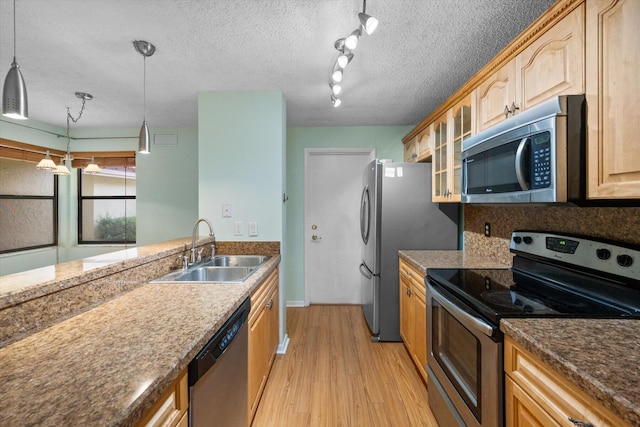 kitchen with sink, light hardwood / wood-style flooring, appliances with stainless steel finishes, track lighting, and decorative light fixtures