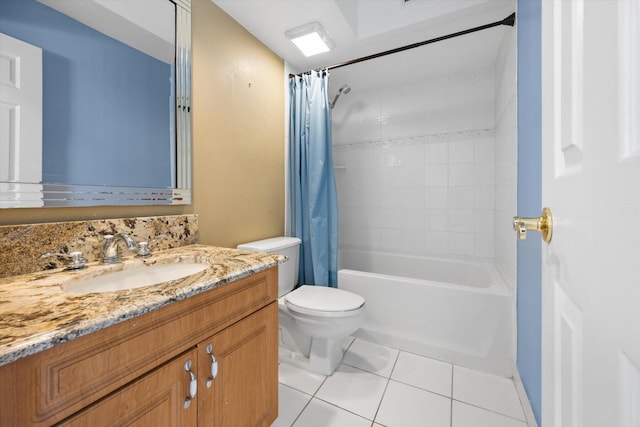 full bathroom featuring vanity, tile patterned floors, shower / bath combination with curtain, and toilet