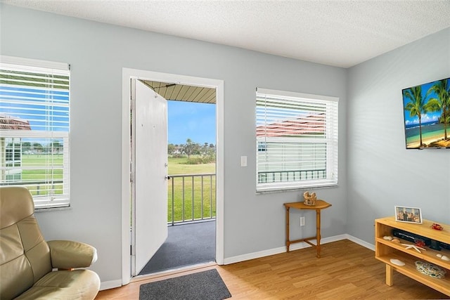 doorway to outside with a textured ceiling and light hardwood / wood-style floors