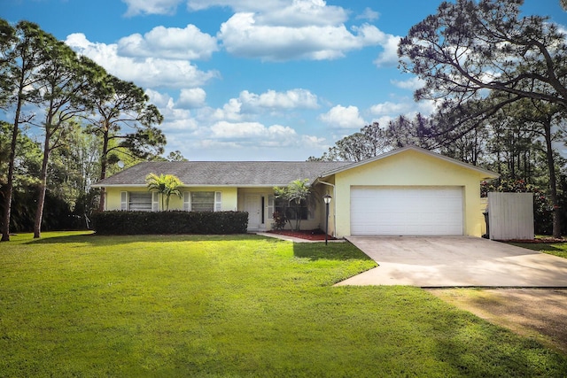 ranch-style home featuring a garage and a front yard