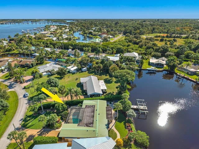 drone / aerial view featuring a water view