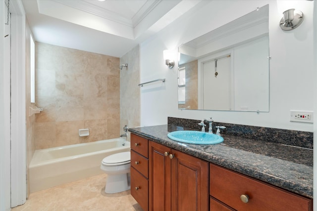 full bathroom with tiled shower / bath, vanity, toilet, crown molding, and tile patterned floors