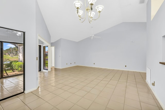 unfurnished living room featuring ceiling fan with notable chandelier, light tile patterned floors, and high vaulted ceiling