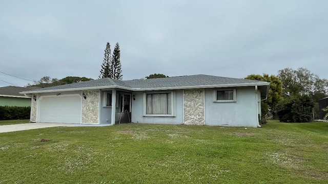 single story home featuring a garage and a front yard