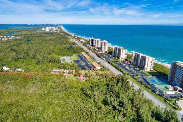 drone / aerial view with a water view and a beach view