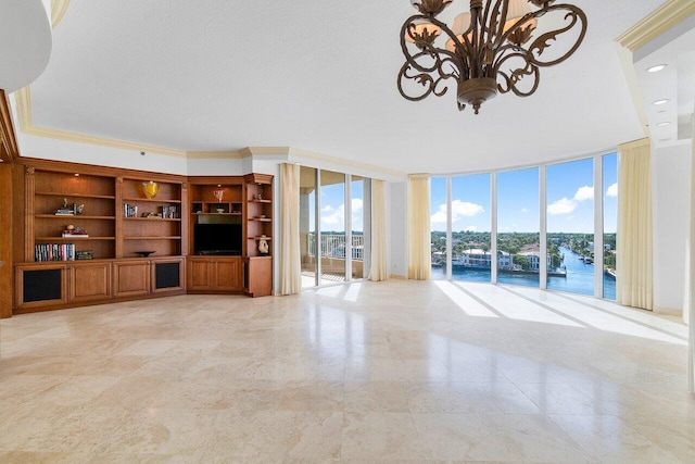 unfurnished living room featuring floor to ceiling windows and crown molding