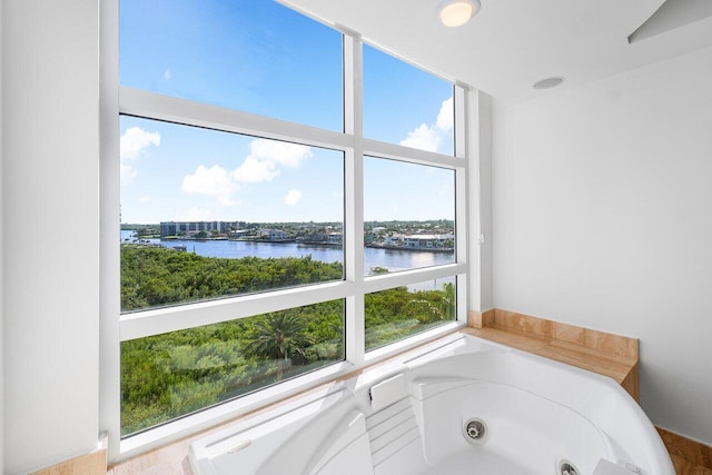 bathroom featuring a water view, a healthy amount of sunlight, and a tub