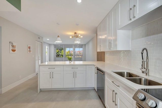 kitchen featuring white cabinetry, kitchen peninsula, sink, and backsplash