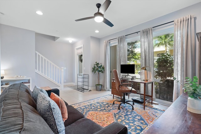 office featuring ceiling fan and light tile patterned flooring