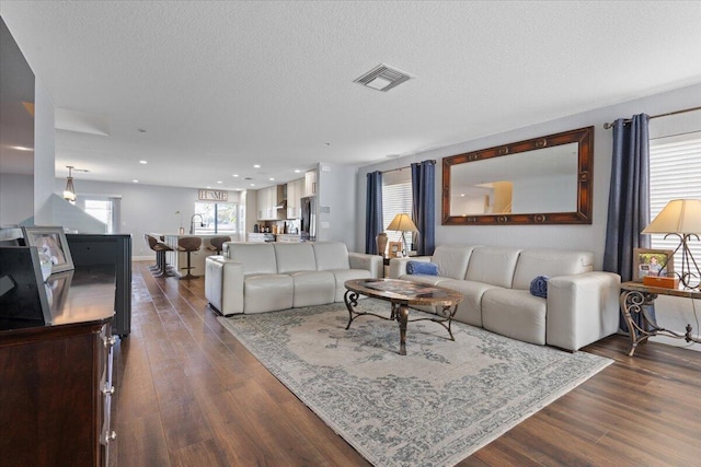 living room with dark hardwood / wood-style flooring and a textured ceiling