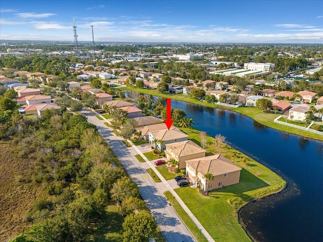 drone / aerial view featuring a water view