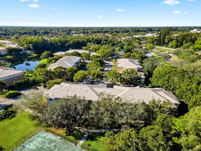 drone / aerial view featuring a water view