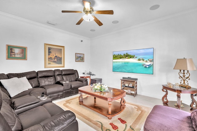 living room with visible vents, ornamental molding, a ceiling fan, and baseboards