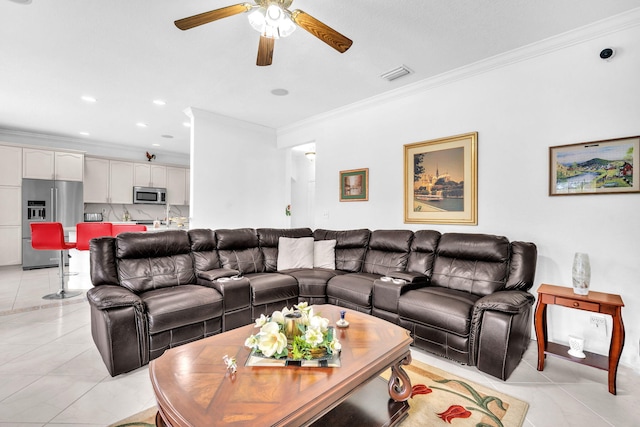 living area featuring light tile patterned floors, ceiling fan, recessed lighting, visible vents, and crown molding