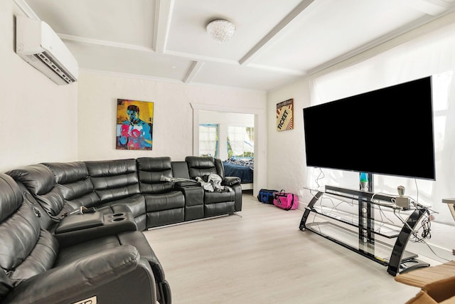 living room featuring beam ceiling, wood-type flooring, and a wall unit AC