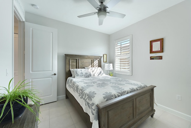 bedroom with light tile patterned flooring and ceiling fan