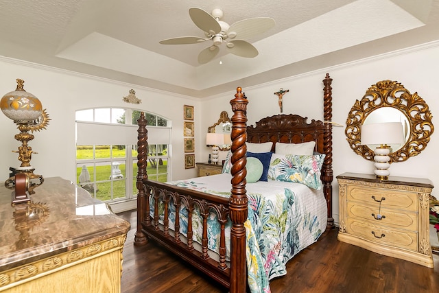 bedroom featuring dark hardwood / wood-style floors, ceiling fan, a tray ceiling, and baseboard heating