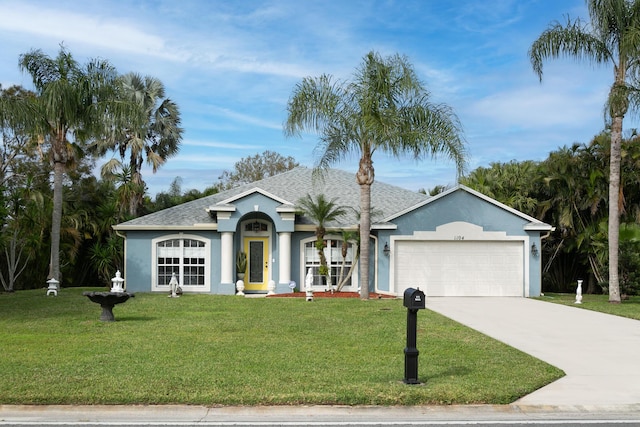 single story home with a garage and a front yard