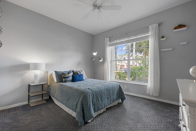 bedroom with ceiling fan and dark colored carpet