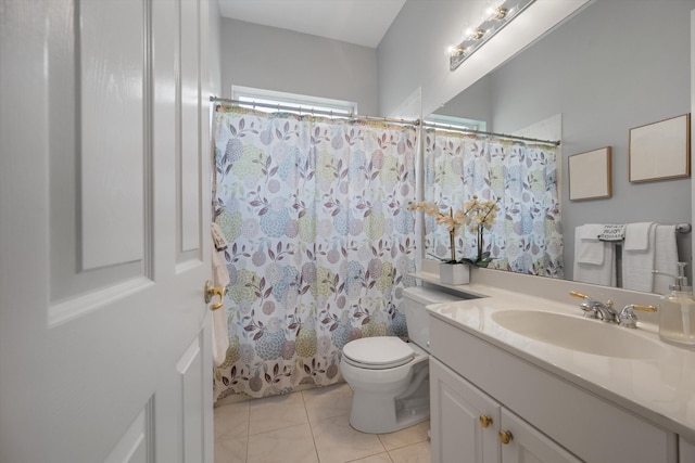 full bathroom with shower / bath combination with curtain, vanity, toilet, and tile patterned flooring