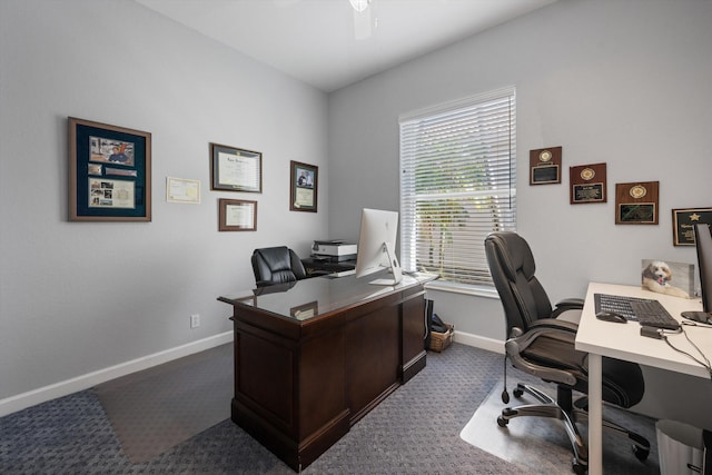 carpeted office with ceiling fan