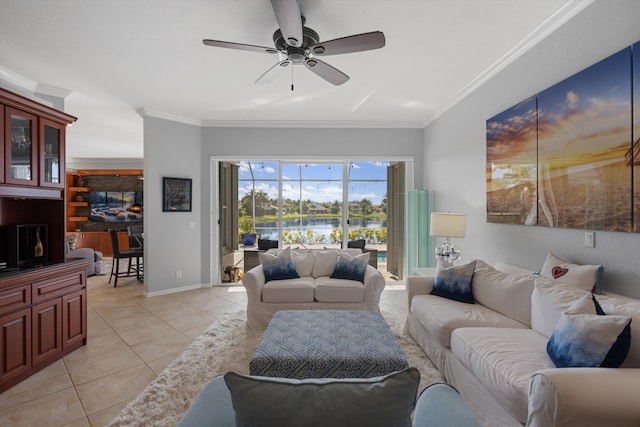 tiled living room featuring crown molding and ceiling fan