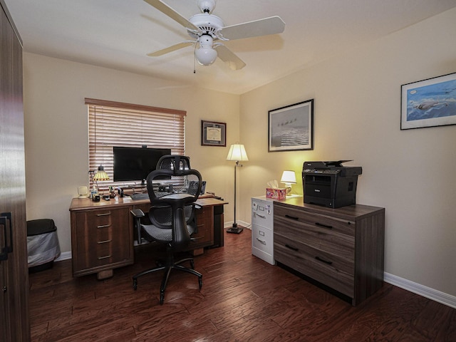 home office with ceiling fan and dark hardwood / wood-style flooring