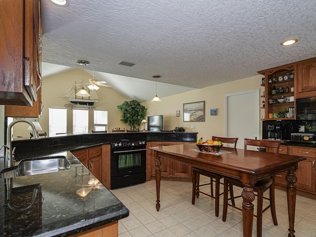 kitchen featuring lofted ceiling, sink, decorative light fixtures, a textured ceiling, and oven