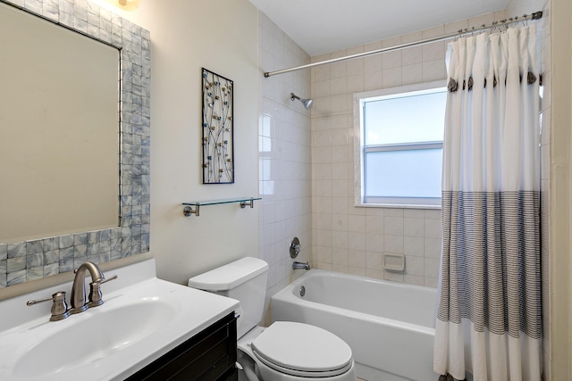 full bathroom with toilet, vanity, and shower / bathtub combination with curtain