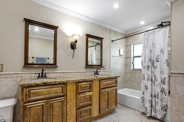 bathroom with ornamental molding, tile walls, shower / bathtub combination with curtain, and tile patterned floors