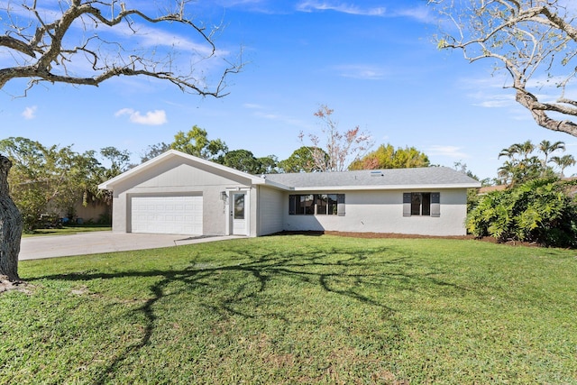 ranch-style house featuring stucco siding, concrete driveway, a garage, and a front yard