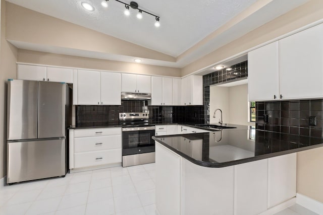 kitchen with vaulted ceiling, appliances with stainless steel finishes, sink, and kitchen peninsula