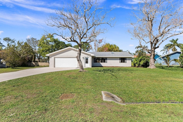 ranch-style home with stucco siding, driveway, a front lawn, and a garage