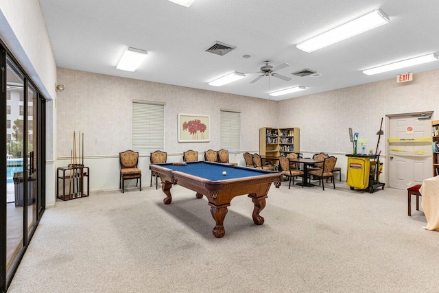 playroom with ceiling fan, carpet, pool table, and a textured ceiling