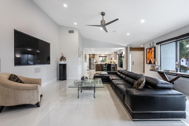 living room featuring high vaulted ceiling and ceiling fan