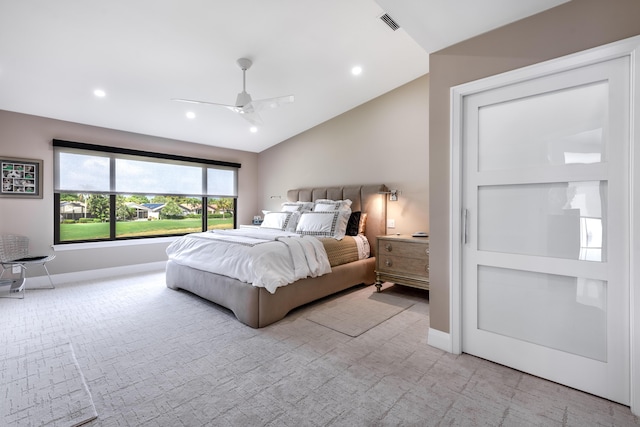 bedroom featuring lofted ceiling and ceiling fan