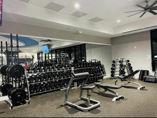 exercise room featuring ceiling fan