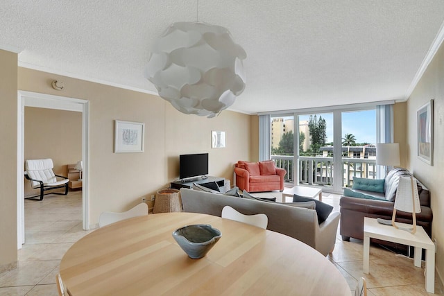 dining area with crown molding, floor to ceiling windows, a textured ceiling, and light tile patterned floors