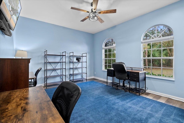 office space featuring ceiling fan, wood-type flooring, and a healthy amount of sunlight