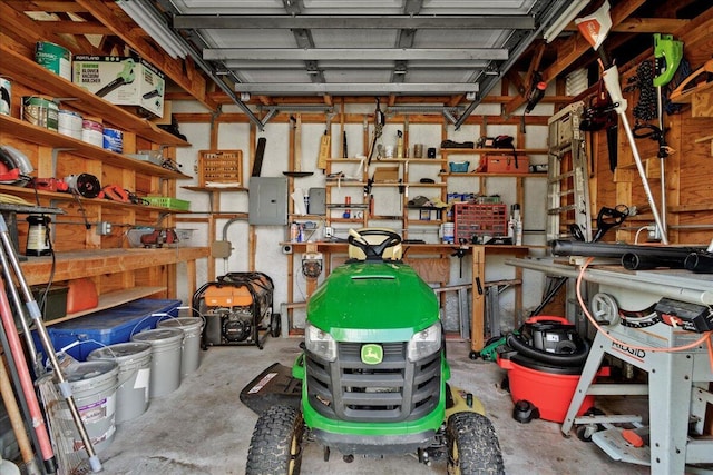 garage with a workshop area