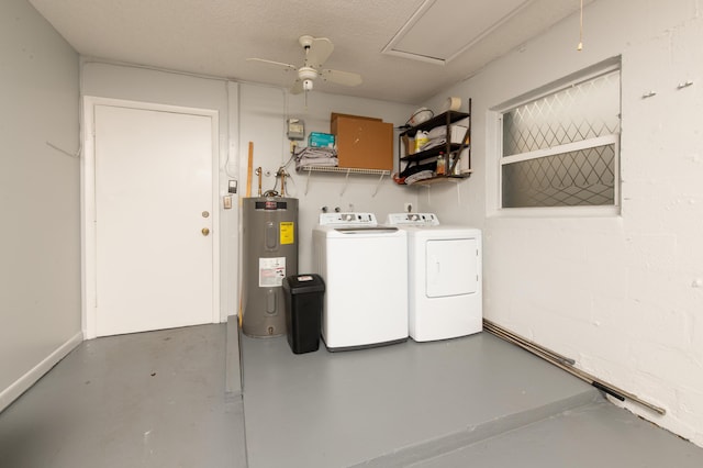 garage featuring ceiling fan, electric water heater, and washing machine and clothes dryer