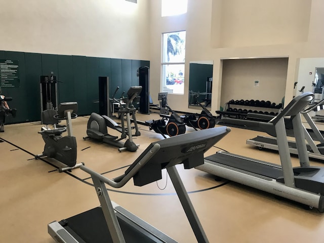 exercise room featuring a high ceiling