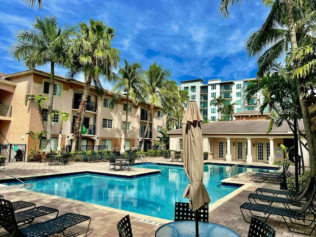 view of swimming pool with a patio area