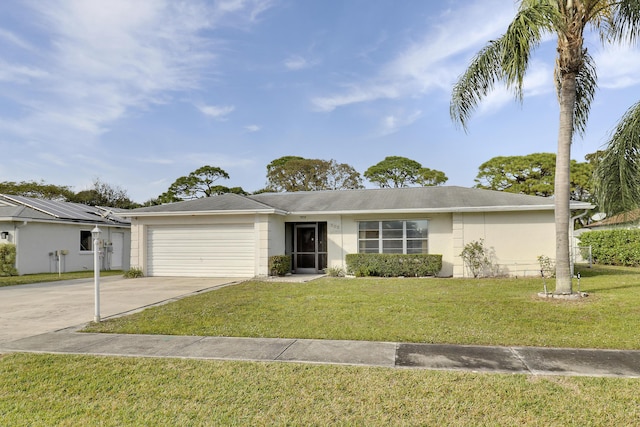 ranch-style house with a garage and a front lawn