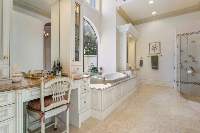 bathroom with ornamental molding and plus walk in shower