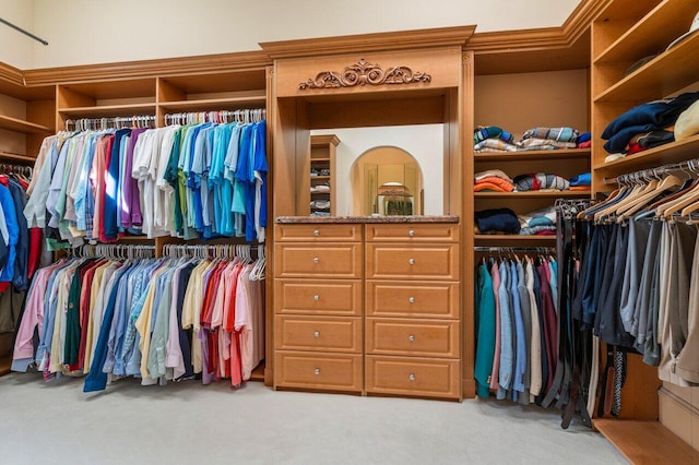 walk in closet with light carpet